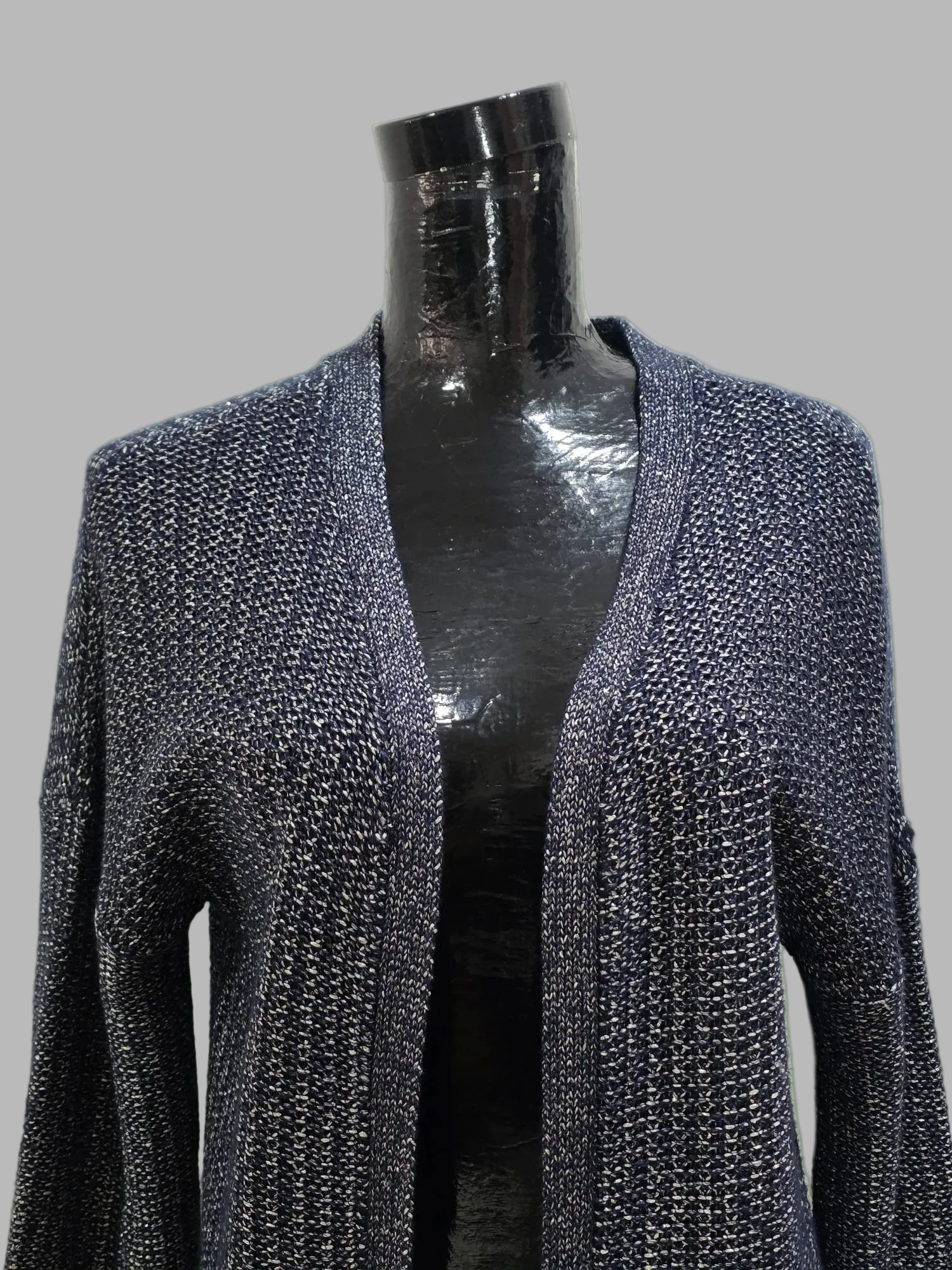 Gilet ouvert bleu marine avec fils argentés, taille M