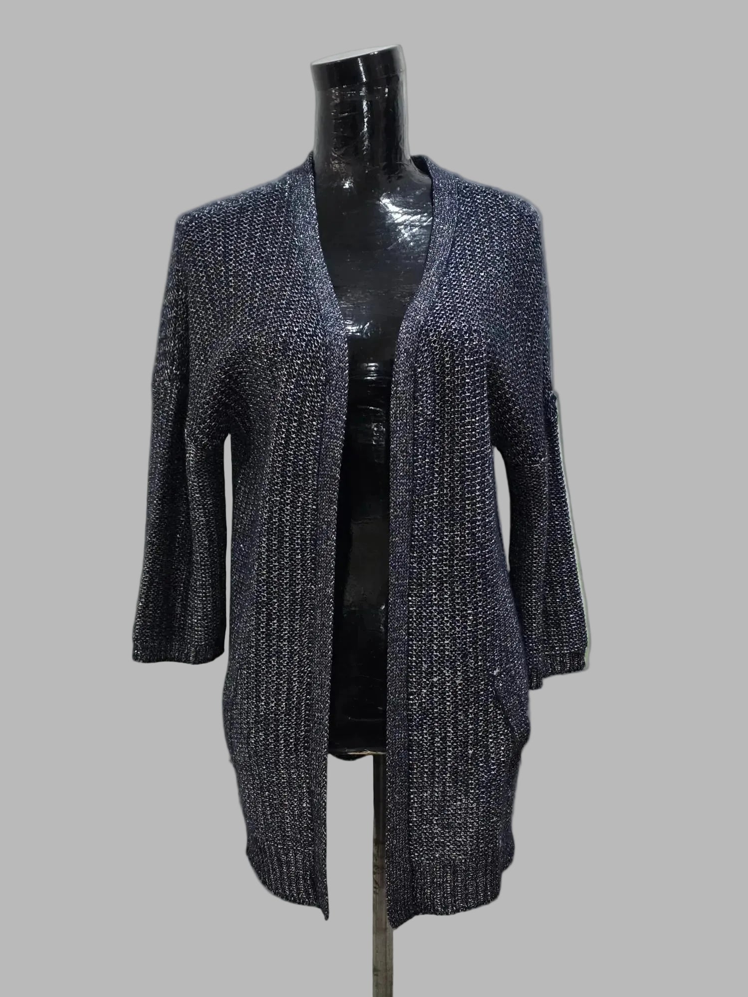 Gilet ouvert bleu marine avec fils argentés, taille M