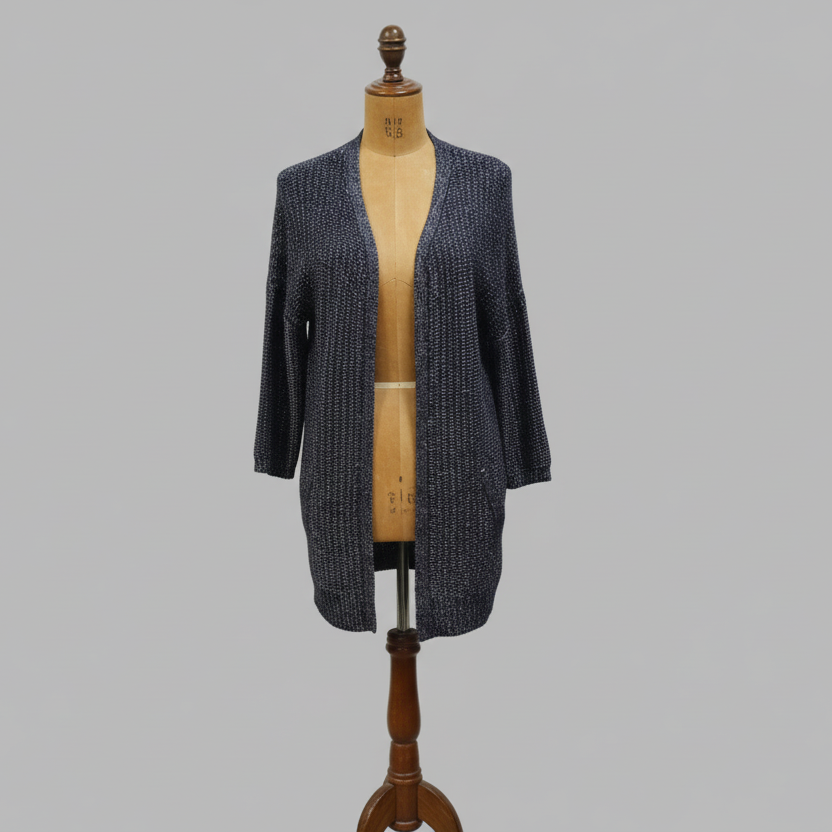 Gilet ouvert bleu marine avec fils argentés, taille M