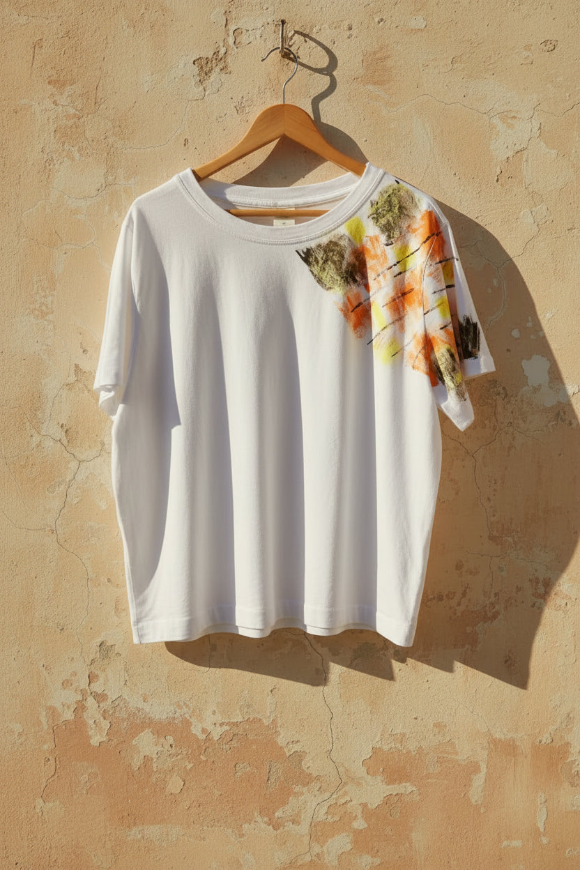 Camiseta blanca pintada a mano, Talla XL