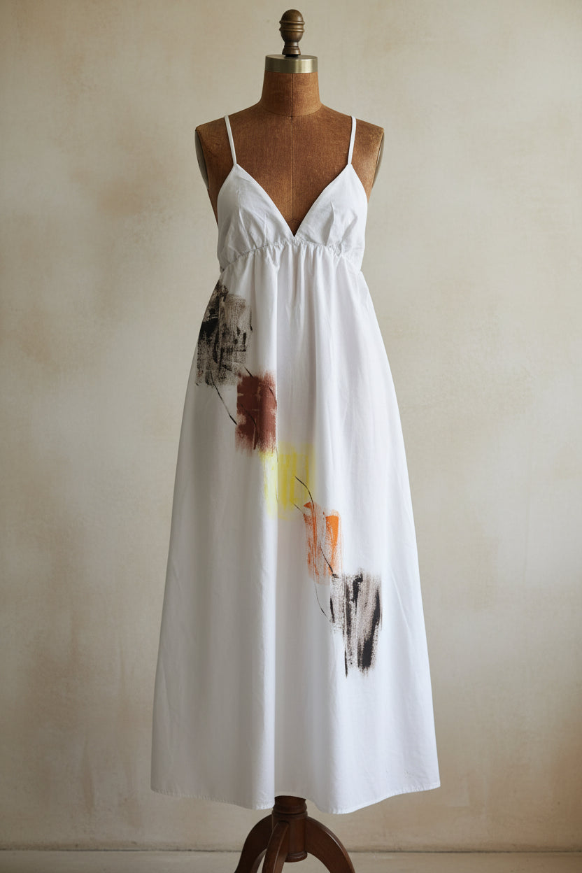 Vestido maxi blanco pintado a mano, Talla Única