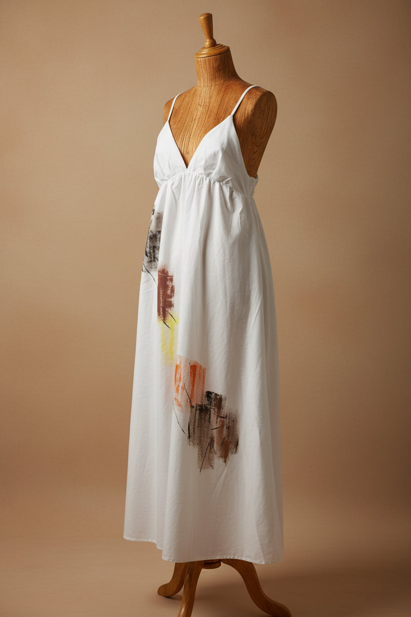 Vestido maxi blanco pintado a mano, Talla Única