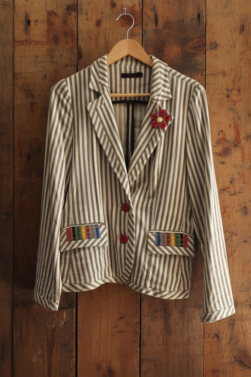 Blazer Amatista – Rayas Vintage con Detalle Artesanal