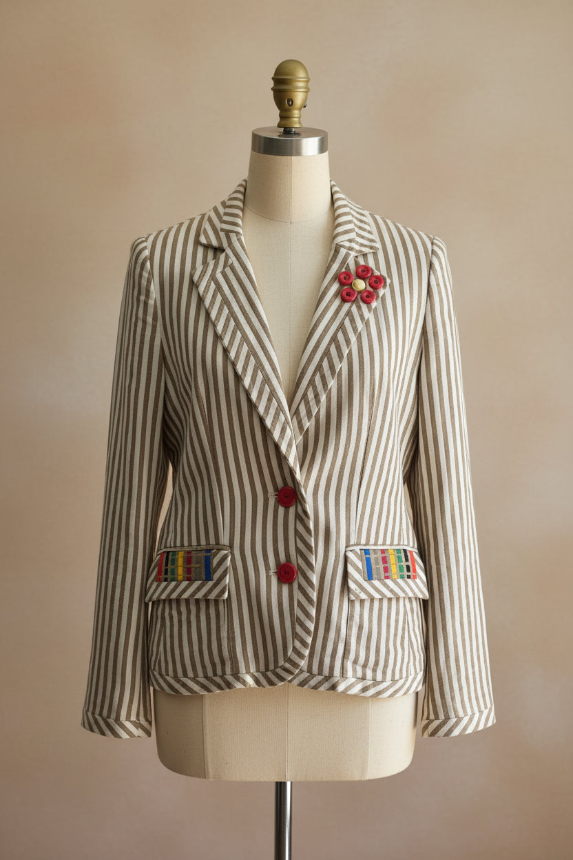Blazer Amatista – Rayas Vintage con Detalle Artesanal