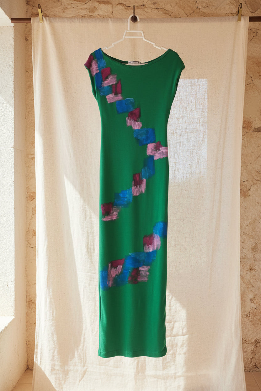 Vestido Verde Arte Circular Pintado a Mano – Upcycled Zara