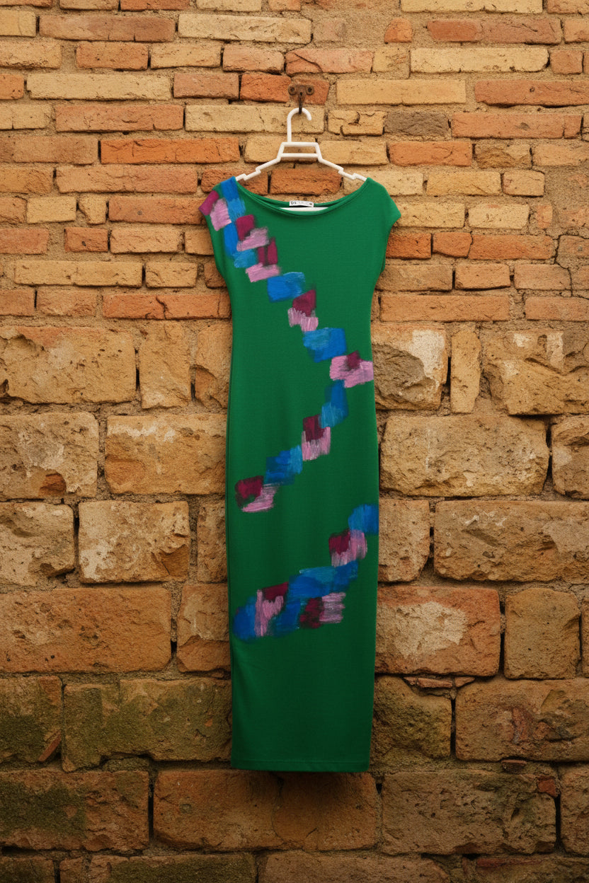 Robe Verte Art Circulaire Peint à la Main – Zara Upcyclé