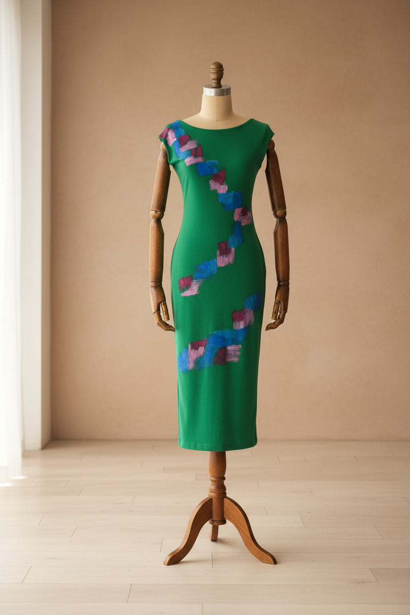 Vestido Verde Arte Circular Pintado a Mano – Upcycled Zara