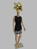Vestido negro corto pintado a mano «Geometría Viva» — cenefa blanca y oro | Pieza única