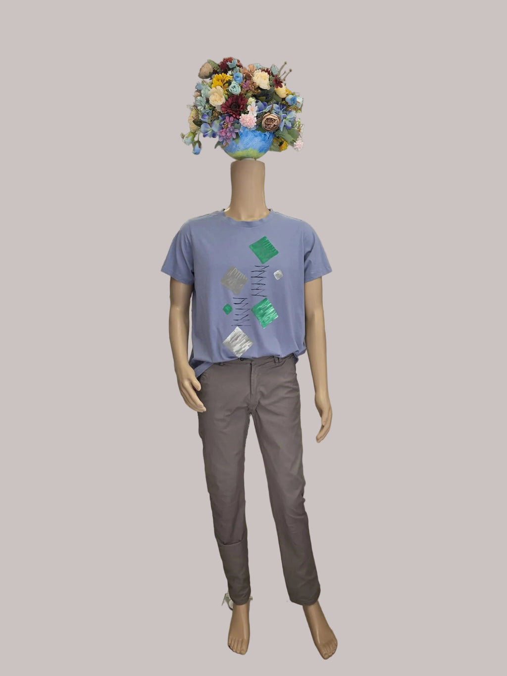 Camiseta azul grisáceo pintada a mano, Talla XL