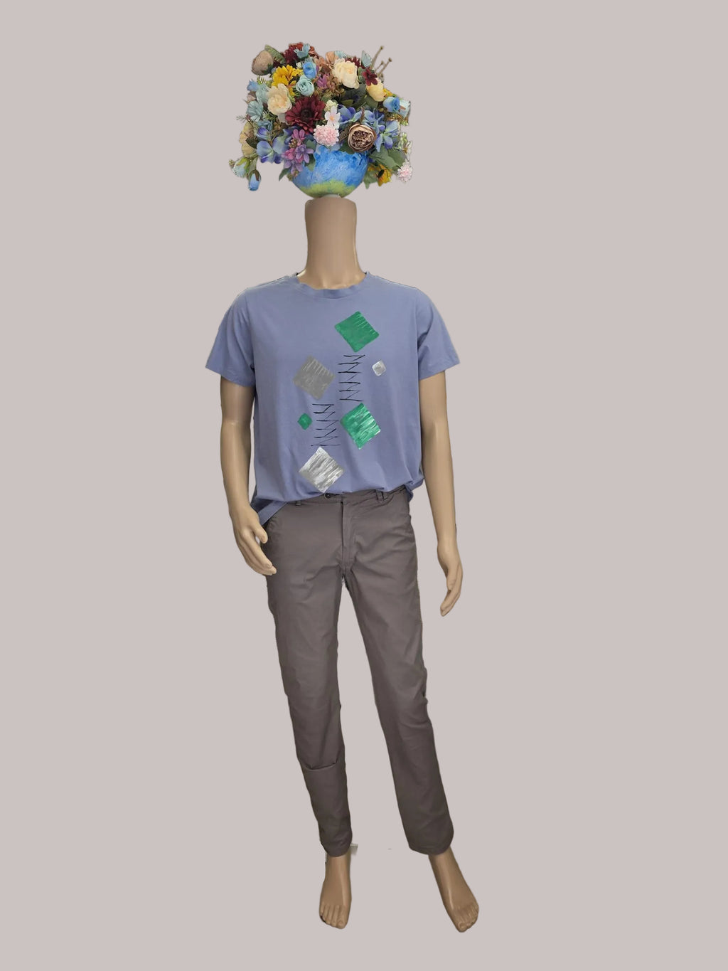 Camiseta azul grisáceo pintada a mano, Talla XL