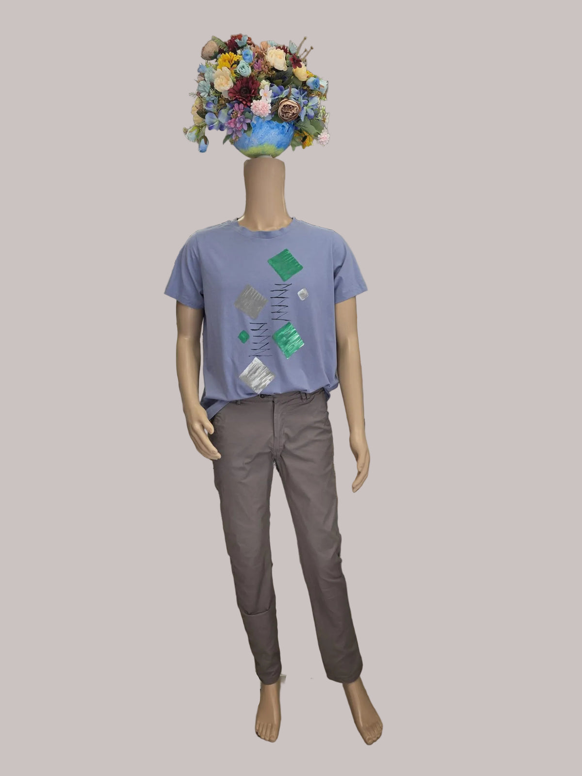 Camiseta azul grisáceo pintada a mano, Talla XL