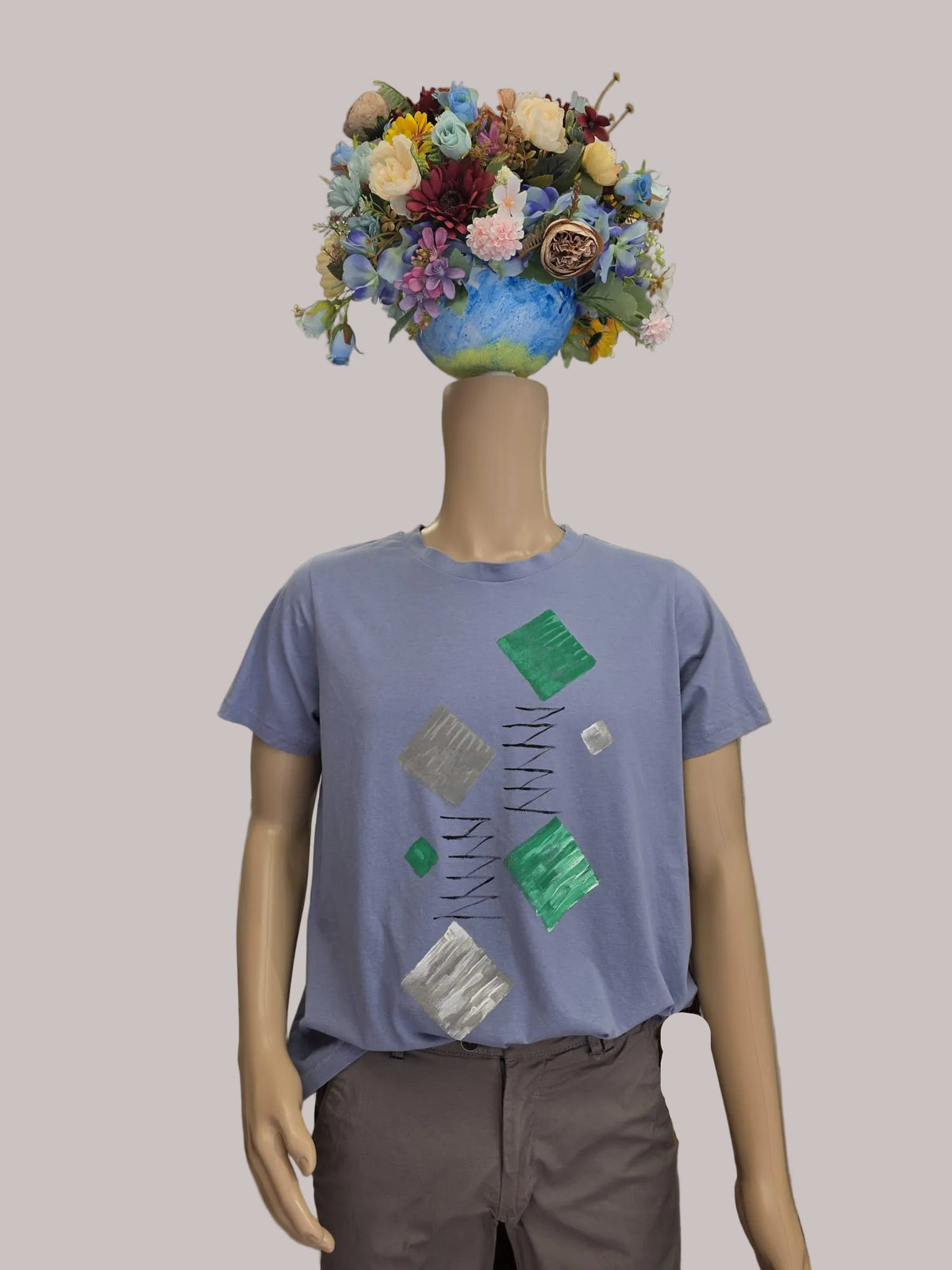 Camiseta azul grisáceo pintada a mano, Talla XL