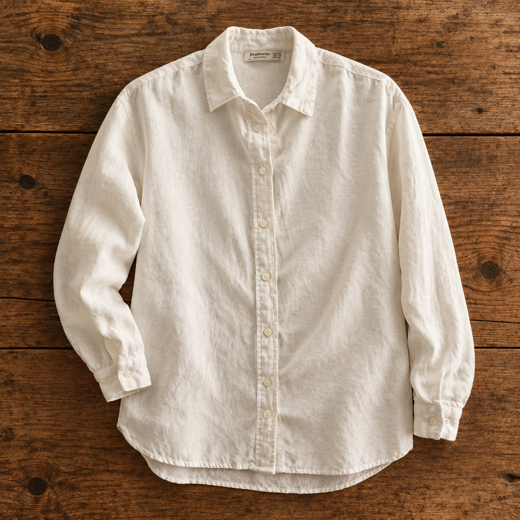 Vista cercana de la blusa blanca Stradivarius con cuello camisero, manga larga y botones