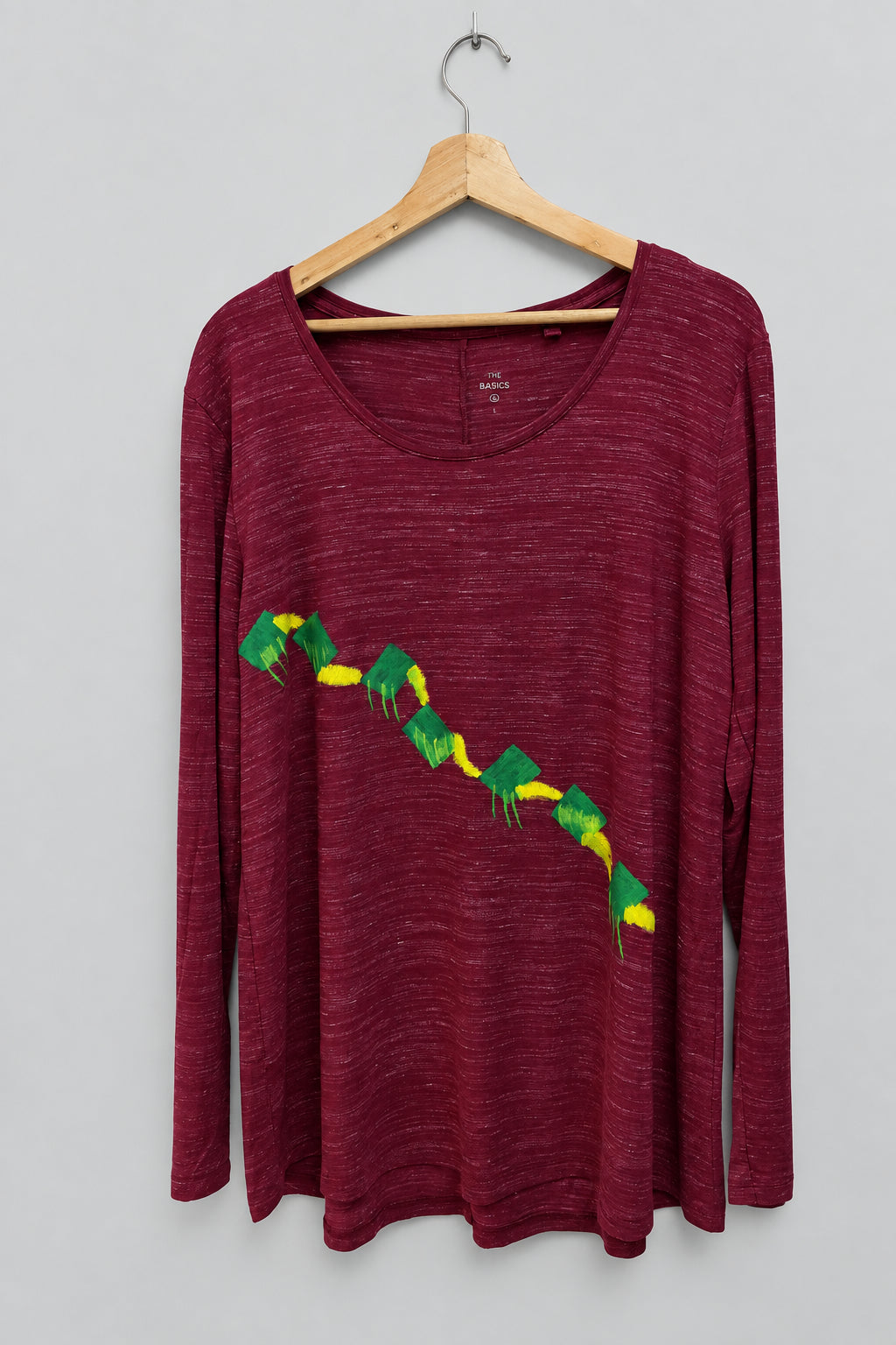 Camiseta burdeos jaspeada de manga larga pintada a mano – Arte Circular – L